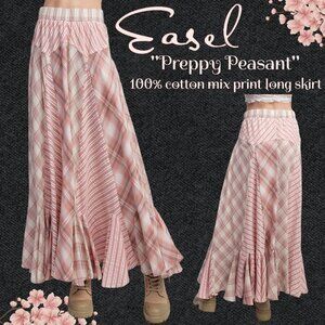 📌 EASEL “Preppy Peasant” Full, Flowy Long Skirt, Plaid, Stripes, Ruffled Hemline